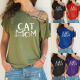 Casual Diagonal Shoulder Crossed Irregular Short Sleeve Printed Women's T-shirt