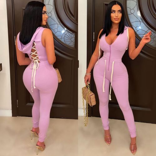 Lace Up Workout  One Piece Hoodies Jumpsuit