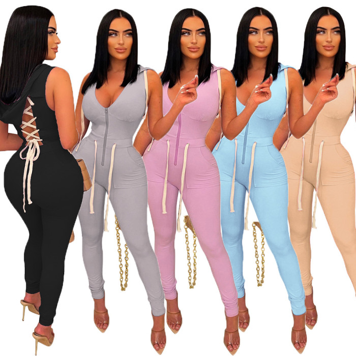Lace Up Workout  One Piece Hoodies Jumpsuit