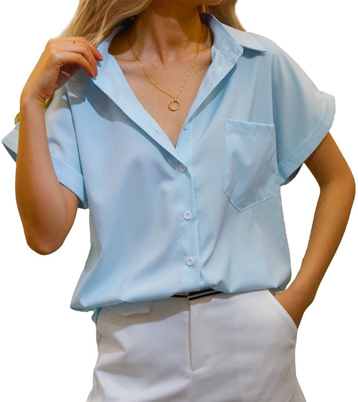 Women's Short Sleeve T-shirt V-neck Shirt Top with Pocket
