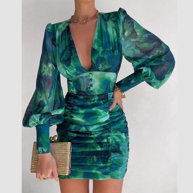 Sexy Puff Lantern Sleeve Plunge Floral Print Ruched Bodycon Dress