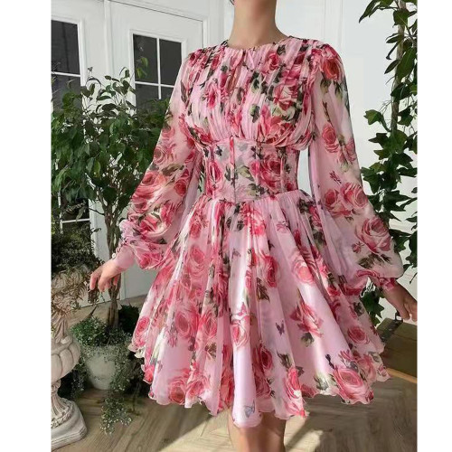 Pink Floral Print Chiffon A Line Skater Dress