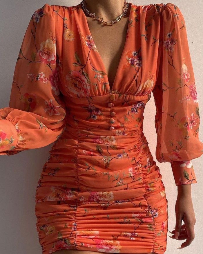 Sexy Puff Lantern Sleeve Plunge Floral Print Ruched Bodycon Dress