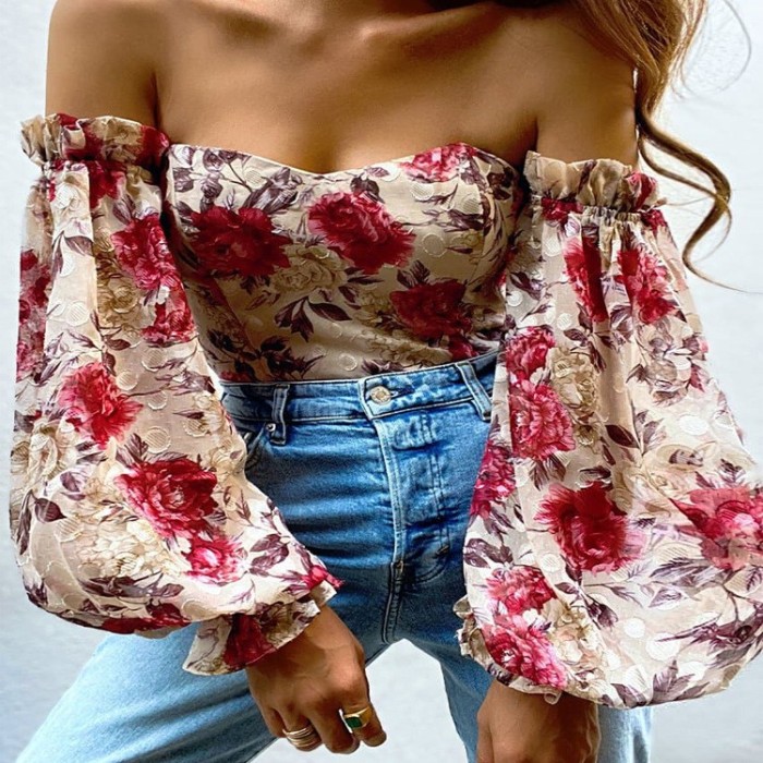 Sexy Off Shoulder Wrap Chest Printed Lantern Sleeve Chiffon Blouse for Women