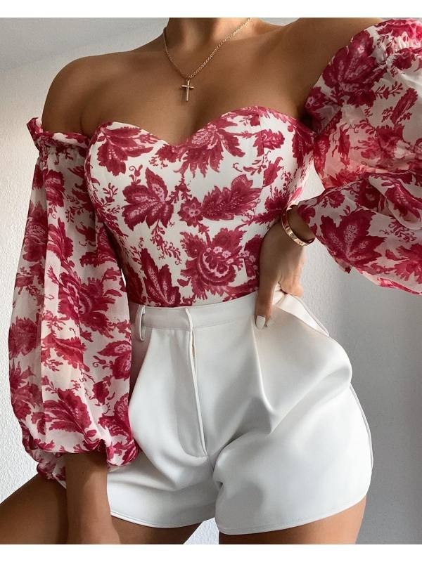 Sexy Off Shoulder Wrap Chest Printed Lantern Sleeve Chiffon Blouse for Women