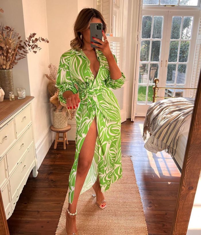 Printed Lantern Sleeve Lace up Slit Lapel Midi Dress