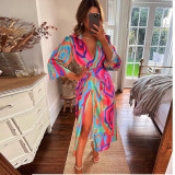 Printed Lantern Sleeve Lace up Slit Lapel Midi Dress