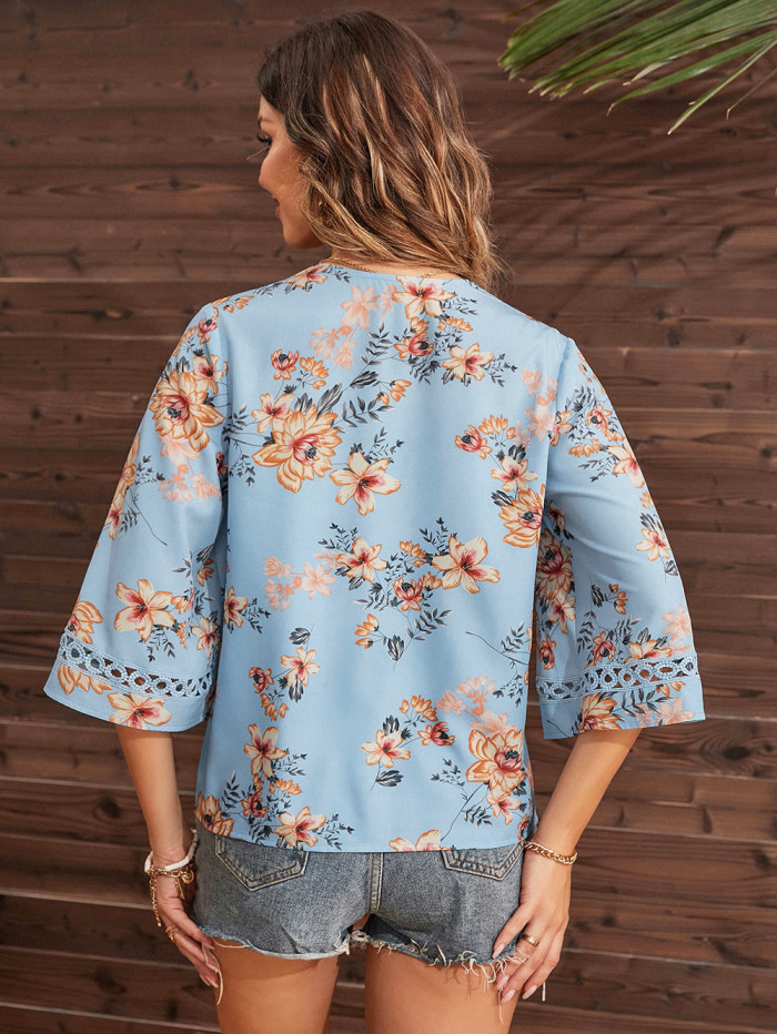 V-neck Chiffon Print Lace Half Sleeve Shirt