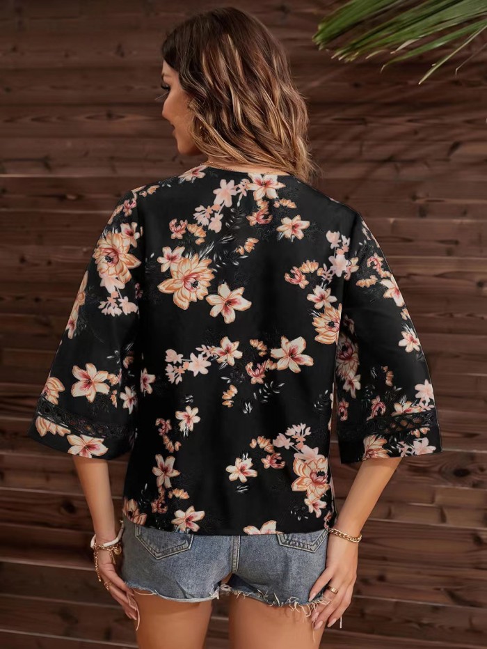 V-neck Chiffon Print Lace Half Sleeve Shirt
