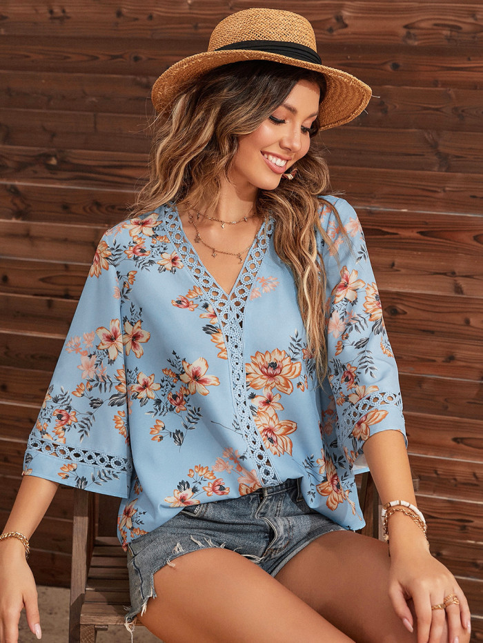 V-neck Chiffon Print Lace Half Sleeve Shirt