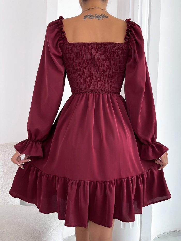 Square Neck Shirred Bodice Flounce Sleeve Ruffle Hem Dress