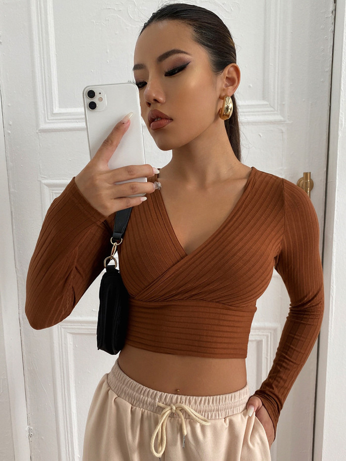 Women's Deep V Neck Long Sleeve Cross Wrap Crop Tops