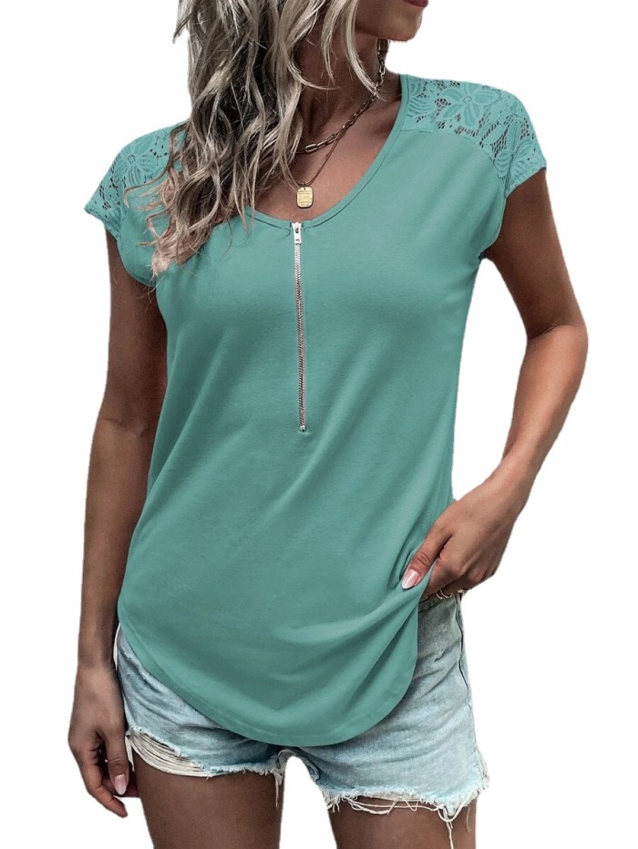 Women T-Shirt Summer Top Solid Color Short Sleeve Raglan Plain Lace Hollow Crew-Neck Half-Zip Elegant OL Blouse Tee
