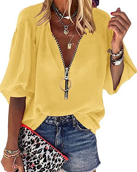 Solid V-neck Blouse With Zipper
