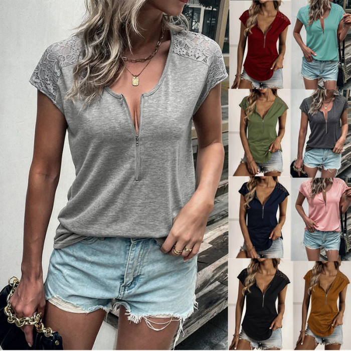 Women T-Shirt Summer Top Solid Color Short Sleeve Raglan Plain Lace Hollow Crew-Neck Half-Zip Elegant OL Blouse Tee
