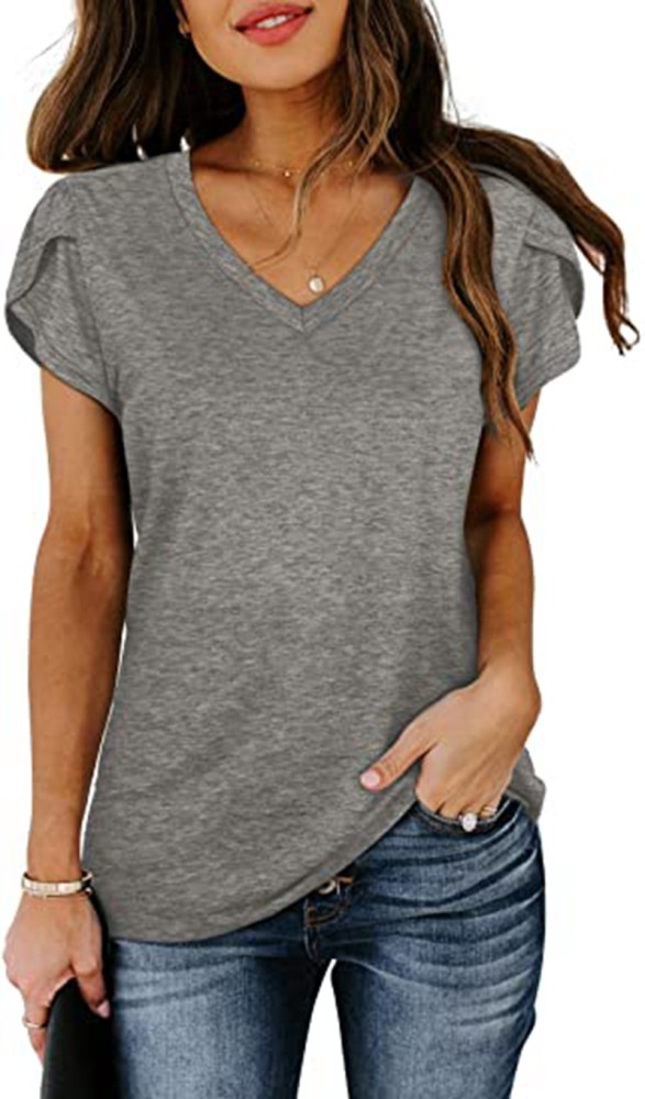 Solid V-neck Short Sleeve T-Shirt Top