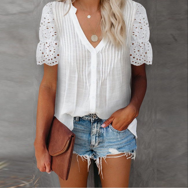 Women's Blouse Eyelet Top Smooth V-neck Lace Patchwork Elegant Everyday Tops