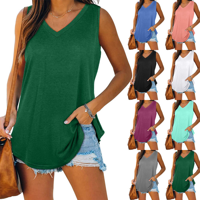 Women V Neck Sleeveless Solid Chiffon Casual Loose Tank Top Flowy Summer Top