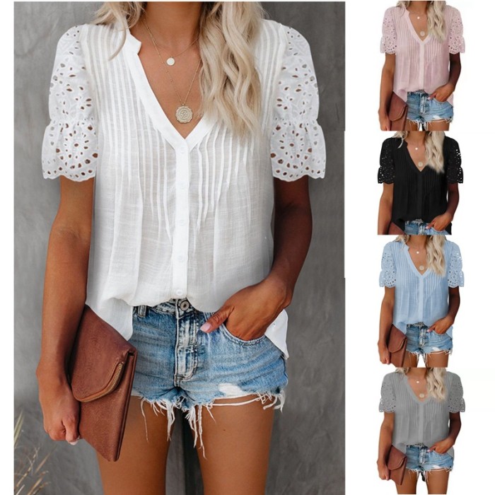 Women's Blouse Eyelet Top Smooth V-neck Lace Patchwork Elegant Everyday Tops