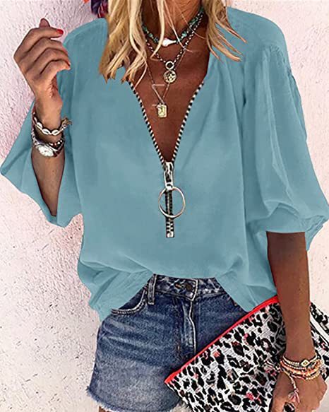 Solid V-neck Blouse With Zipper