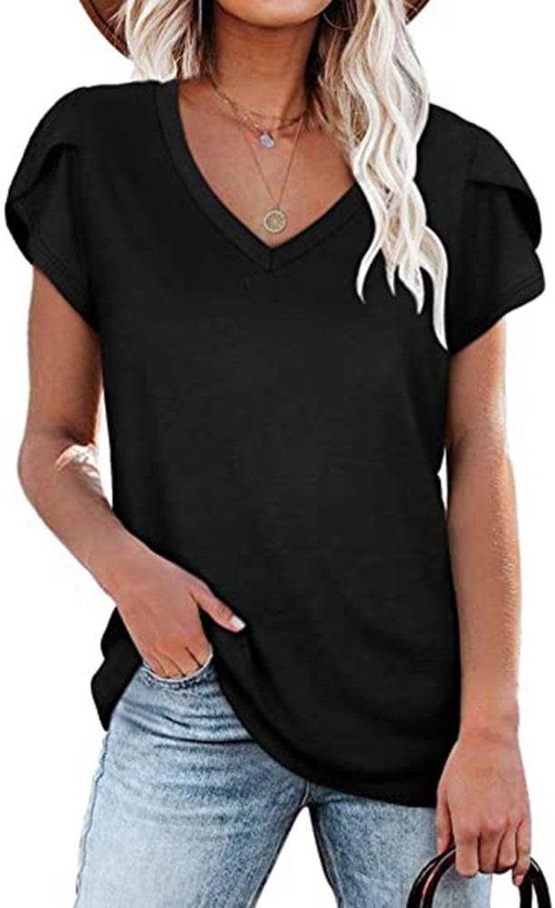 Solid V-neck Short Sleeve T-Shirt Top