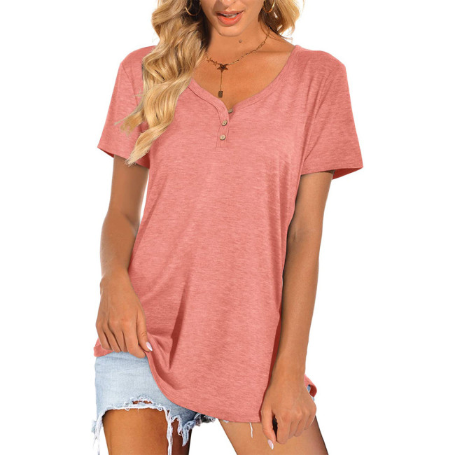 ummer Sexy Casual Loose Short-Sleeved V-Neck Button Dovetail Solid T-Shirt Blouse