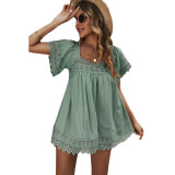 Lace Pom Pom Splicing Square Neck Blouse