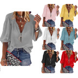 Solid V-neck Blouse With Zipper