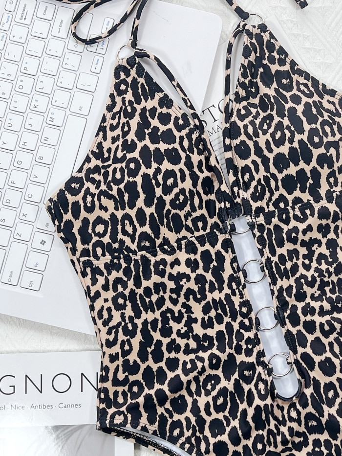 One-piece Leopard Cutout Lace-Up one-piece Bikini Swimsuit