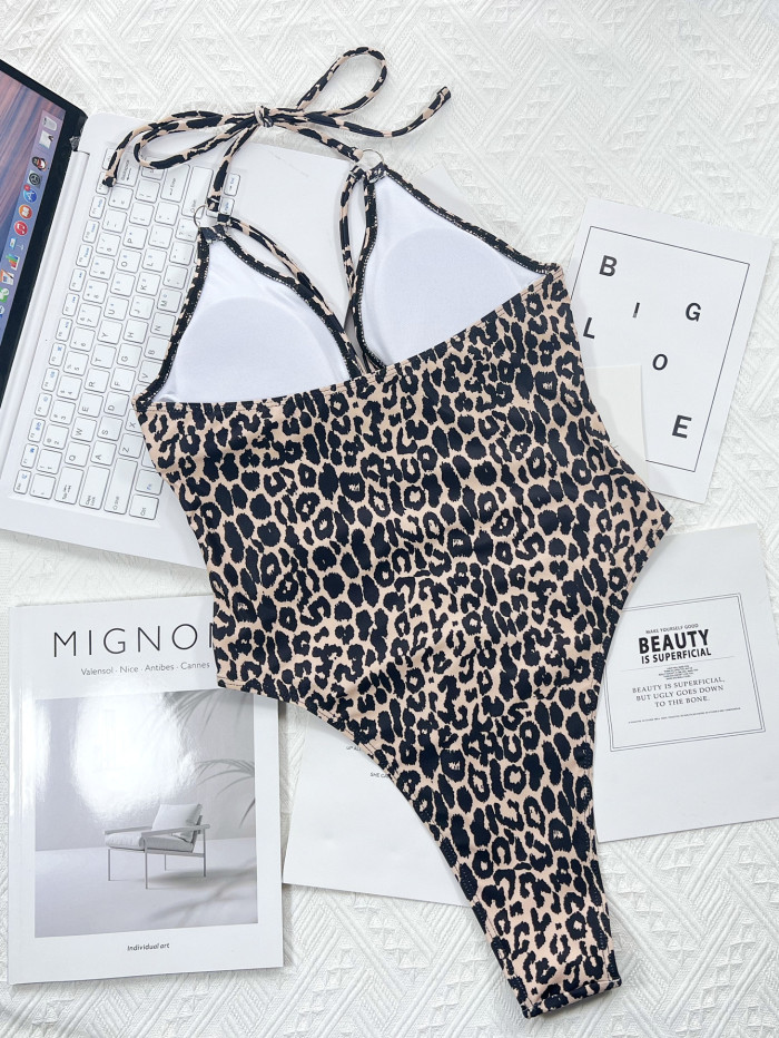 One-piece Leopard Cutout Lace-Up one-piece Bikini Swimsuit