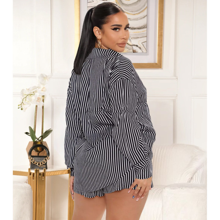 Fashion Loose Striped Shirt + Pocket Shorts Two Piece Set
