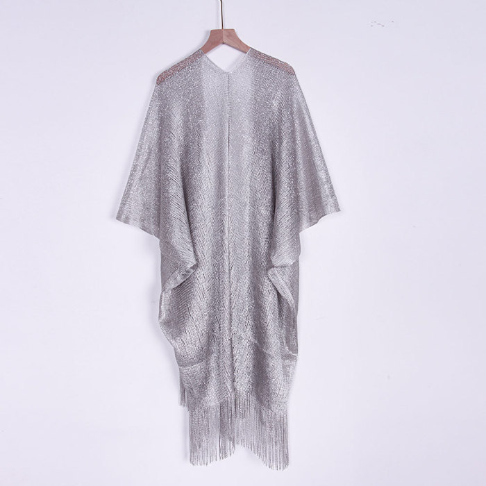 Gold and Silver Silk Short Sleeve Split Cape Holiday Beach Blouse