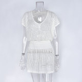 Loose Solid Color Hollow Out Knitted Bikini Blouse Skirt