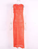 Long Loose Solid Color Hollow Out Knitted Beach Skirt