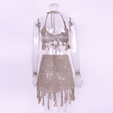 Sexy Halter Knit Mesh Tassel Beach Set