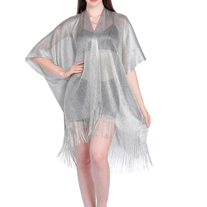 Gold and Silver Silk Short Sleeve Split Cape Holiday Beach Blouse