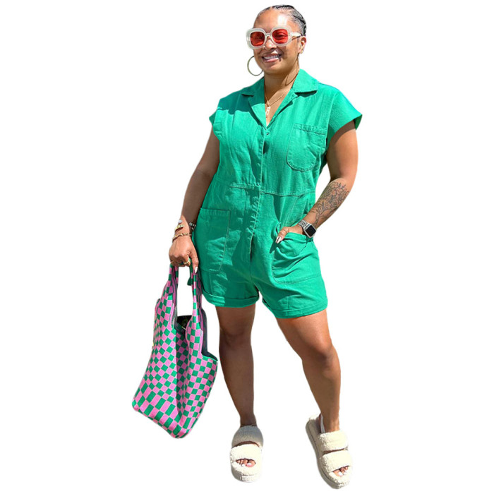 Straight Type Woven Short Sleeve Shorts Rompers with Pockets