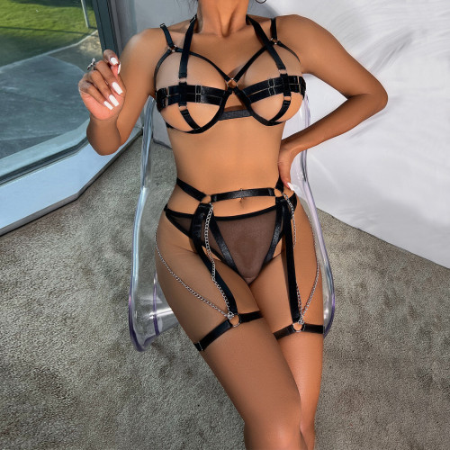 Open Cup Sexy Mesh Metallic Chain Black See Through Lingerie