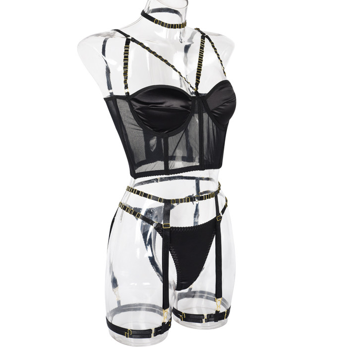IHOOV Mesh Stitched Back Breasted Neck and Leg Ring Buckle Lingerie
