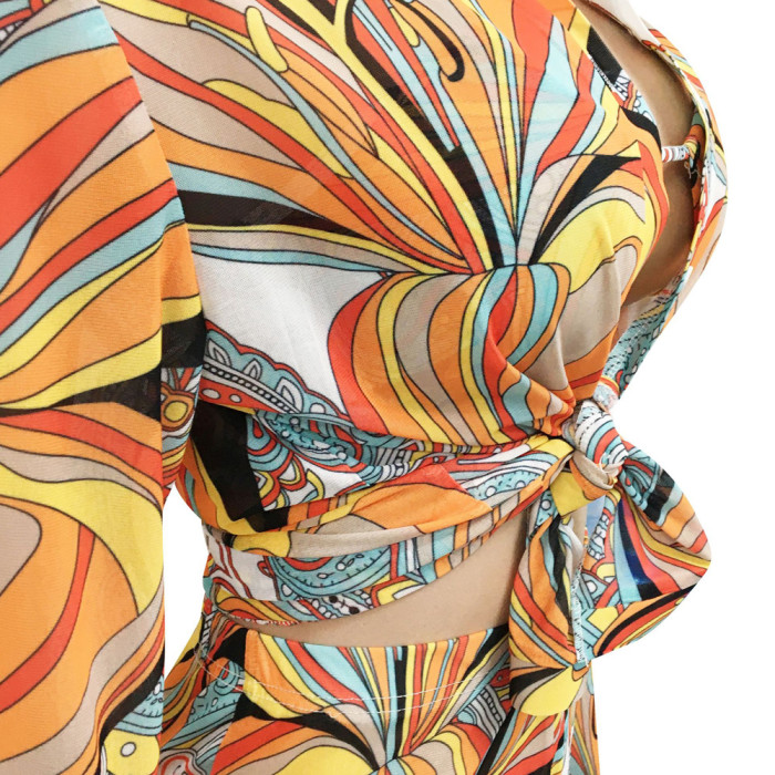 Sexy Mesh See-Through Print Long Sleeve Three-Piece Women'S Pants Set