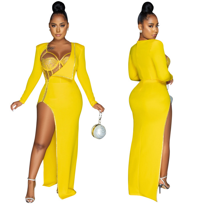 Spring Women Sexy Lace See Through Straps Bodysuit and Long Sleeve Beaded Slit Long Dress Two Piece Set