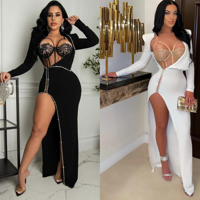 Spring Women Sexy Lace See Through Straps Bodysuit and Long Sleeve Beaded Slit Long Dress Two Piece Set