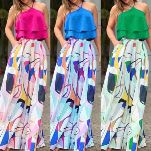 Sleeveless Double Halter Top Printed Straight Chiffon Pants Two Piece Set