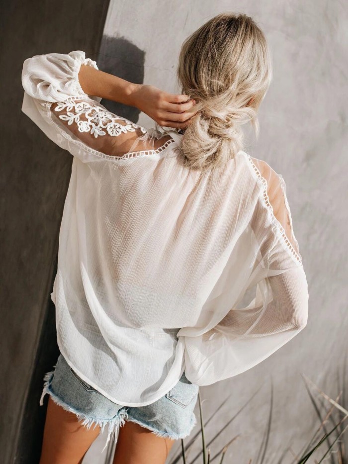 Loose V-neck Sexy Lace Patchwork Chiffon Long Sleeve Shirt