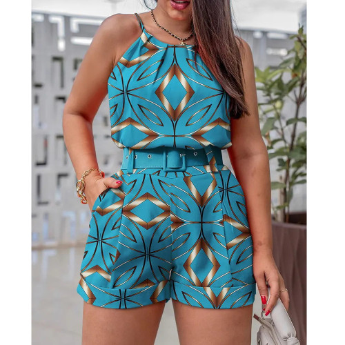 Printed Round Neck Slig Top + Shorts Set pleated hem (including belt)