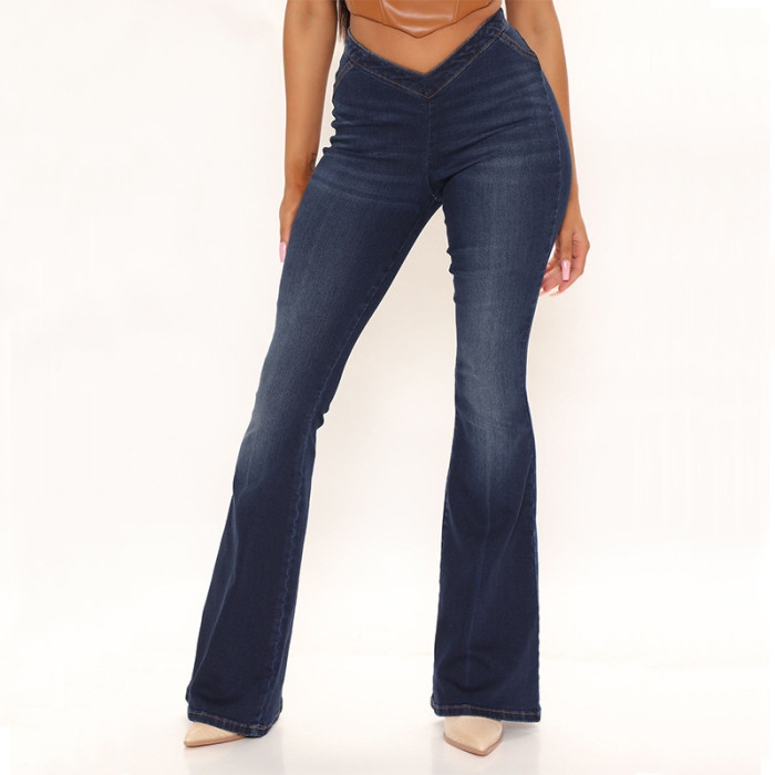 Women's V-waist Dark Elastic Denim Flare Pants