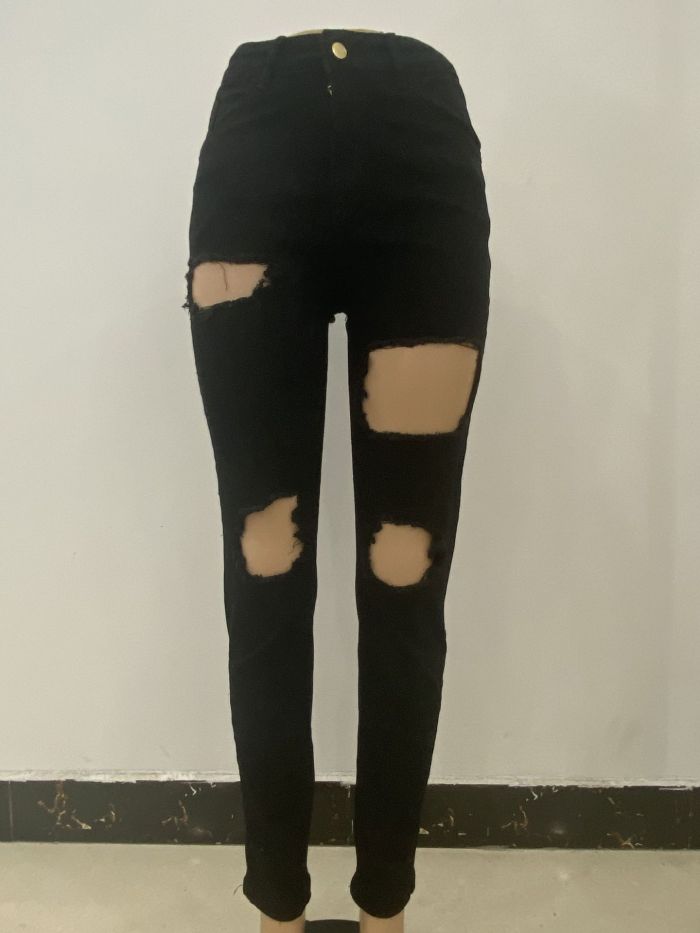 Black Fading Distressed Holes Crop Jeans