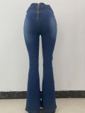 Women's V-waist Dark Elastic Denim Flare Pants
