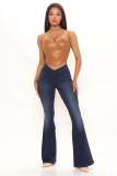 Women's V-waist Dark Elastic Denim Flare Pants