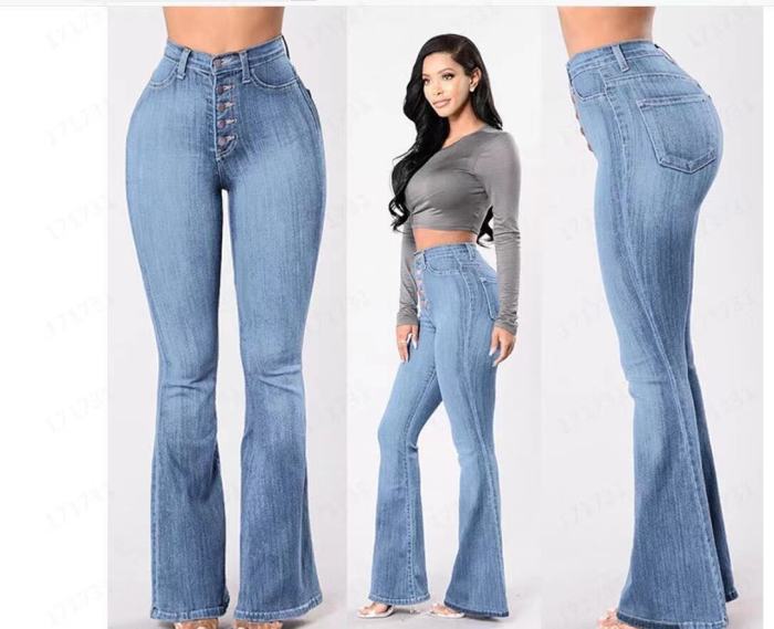 Women's High Waist Elastic Button Slim Fit Wide Leg Denim Pants